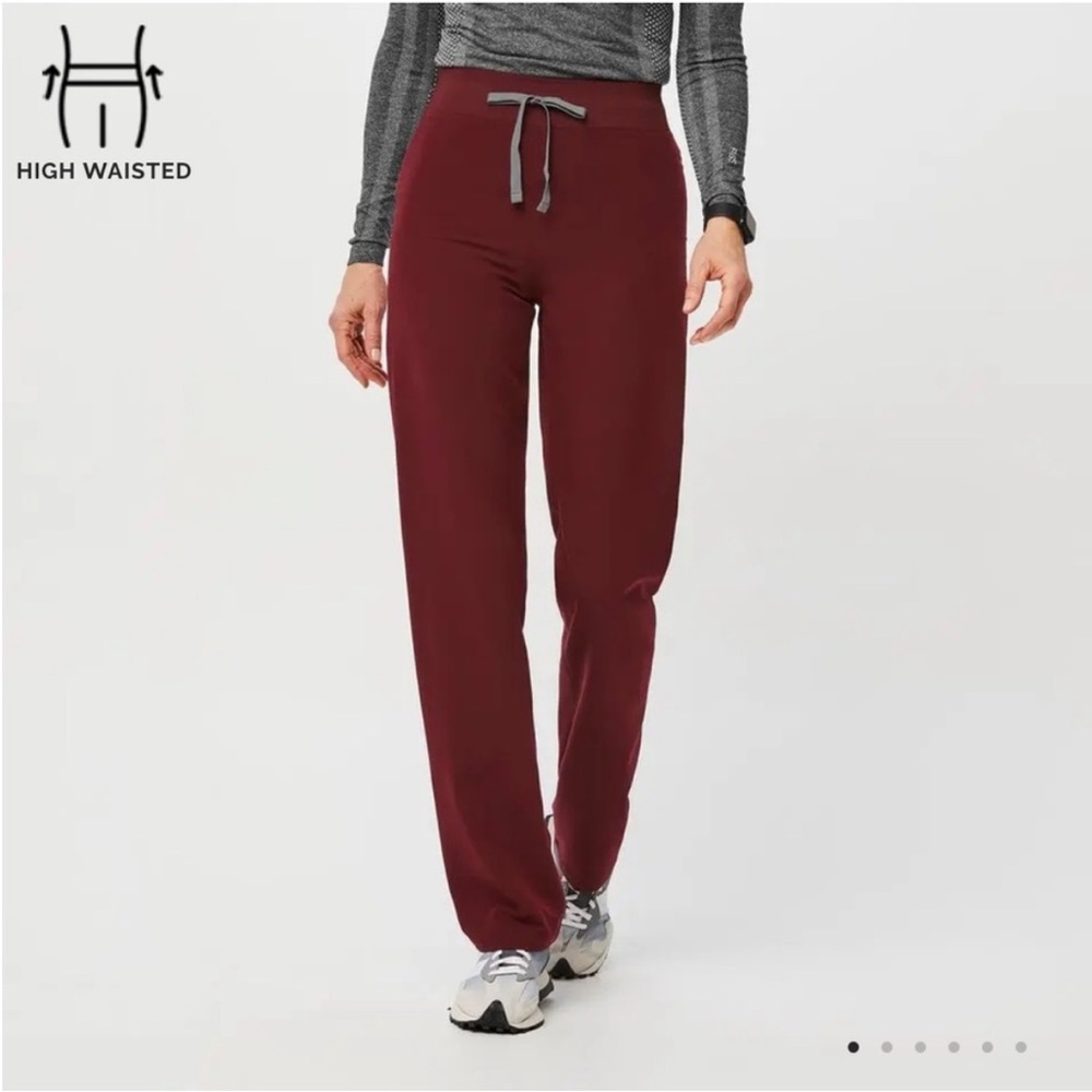 Figs Women's Straight Leg High-Waist Pants in Burgundy with Gray Drawstring